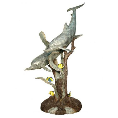 Bronze Two Dolphins with Clownfish - Click Image to Close