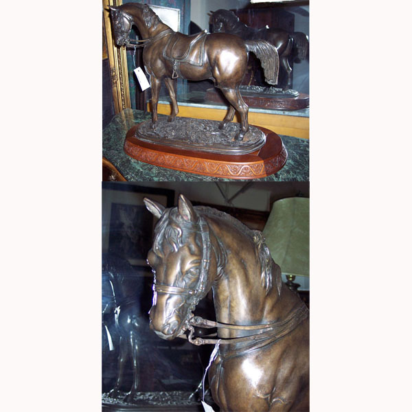 Bronze Horse with Saddle on oval Wood Base - Click Image to Close