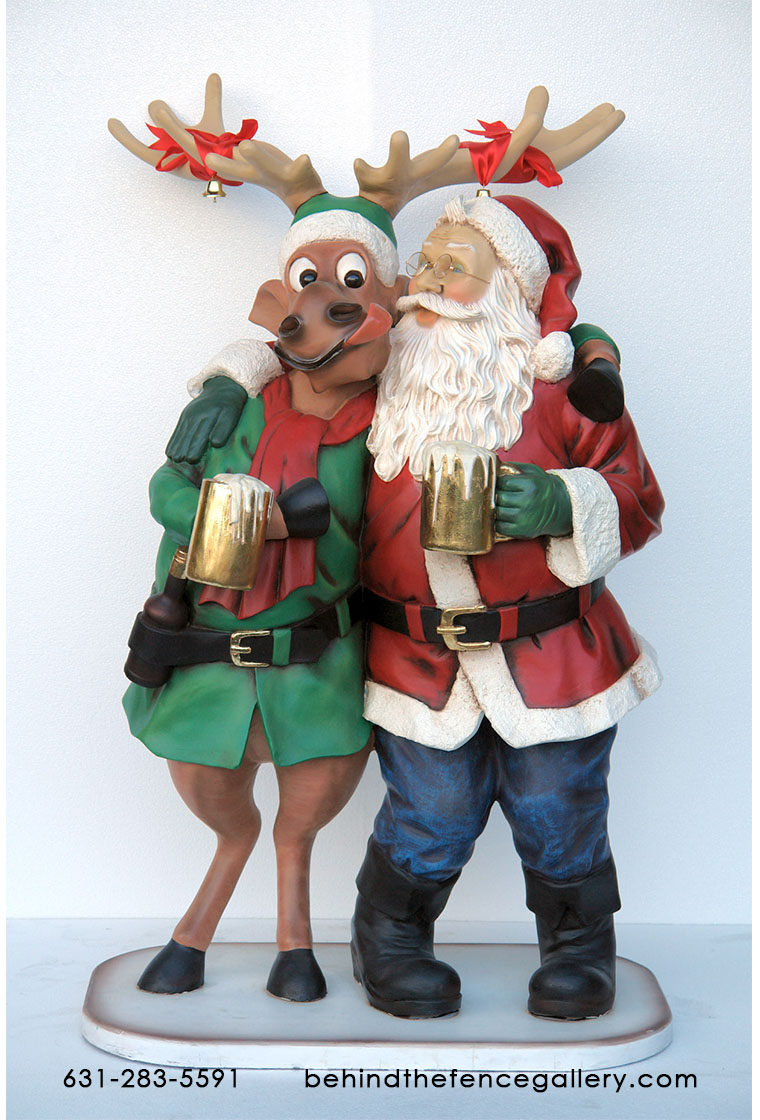 Santa and Reindeer Happy Hour Statue