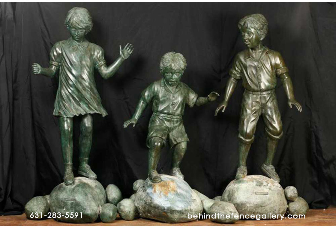 Bronze Kids Playing on Rock Statue Set